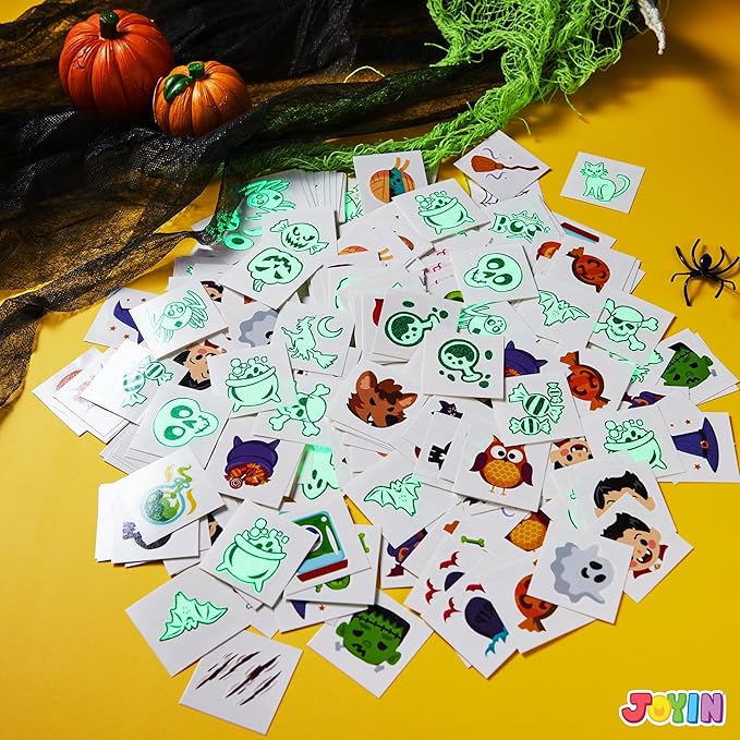JOYIN 306 Pcs Halloween Tattoos for Kids, Glowing Temporary Tattoos in Assorted Designs Bulk for Child Trick or Treat Gifts Halloween Party Favor Decorations Goodie Bags Supplies Class Game Prizes
