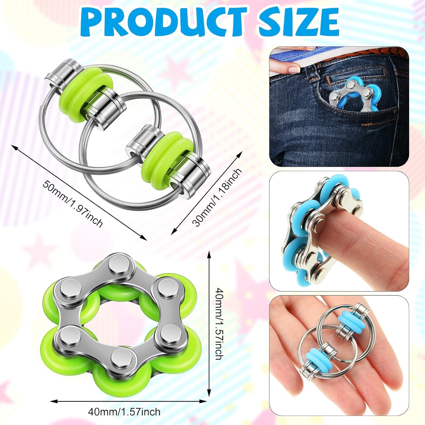 CHENGU 16 Pcs Fidget Toys Set Include 8 Six Roller Chain and 8 Key Flippy Chain Stress Reducer Bike Chain Toys Anxiety Relief Bike Chain for Teens Adults ADHD, Add, Autism (Cute)