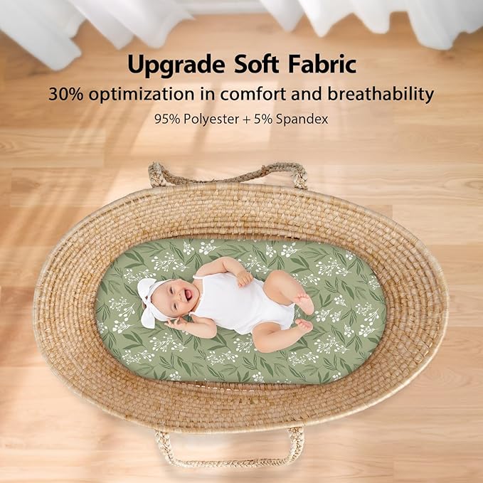 Baby Bassinet Sheets Girl Boy, Fitted Bassinet Sheet Set 3 Pack Bassinet Mattress Sheets Universal Fit for Rectangle, Round, Oval, Hourglass Mattress, Soft Breathable Green & Brown Fox