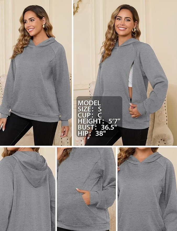 Bhome Nursing Sweatshirt Hoodie for Breastfeeding with Hidden Zippers Maternity Breast Pumping Tops Kangaroo Pocket