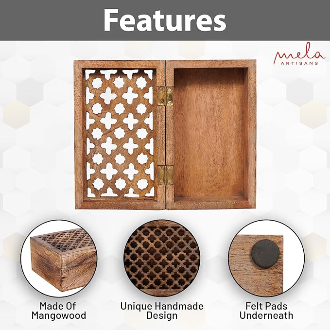 Mela Artisans Wooden Keepsake Box | Medium Burnt Mango Wood Memory & Photo Storage Box with Hinged Lid | Decorative Storage Box | Medium | 7.5x4.5x3 Inch