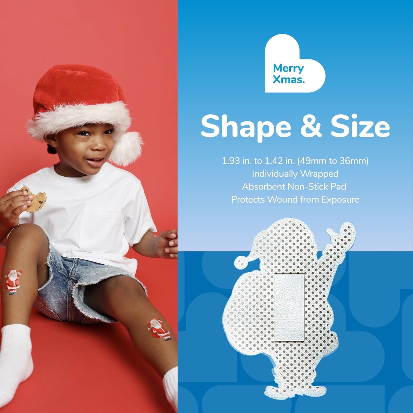 BioSwiss Bandages, Santa Claus Shaped Self Adhesive Bandage, Latex Free Sterile Wound Care, Fun First Aid Kit Supplies for Kids, 24 Count