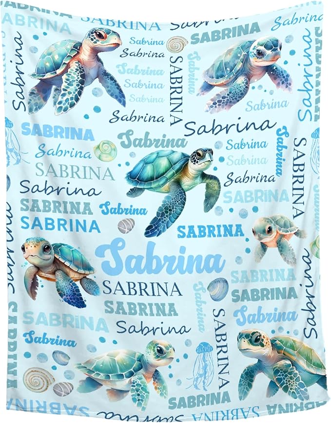 Personalized Baby Blanket for Girls Boys Kids Sea Turtle Custom Baby Blanket with Name Throw Birthday Gift for Toddlers Infants Shower Newborns Nursery Stroller Crib Bed Decor