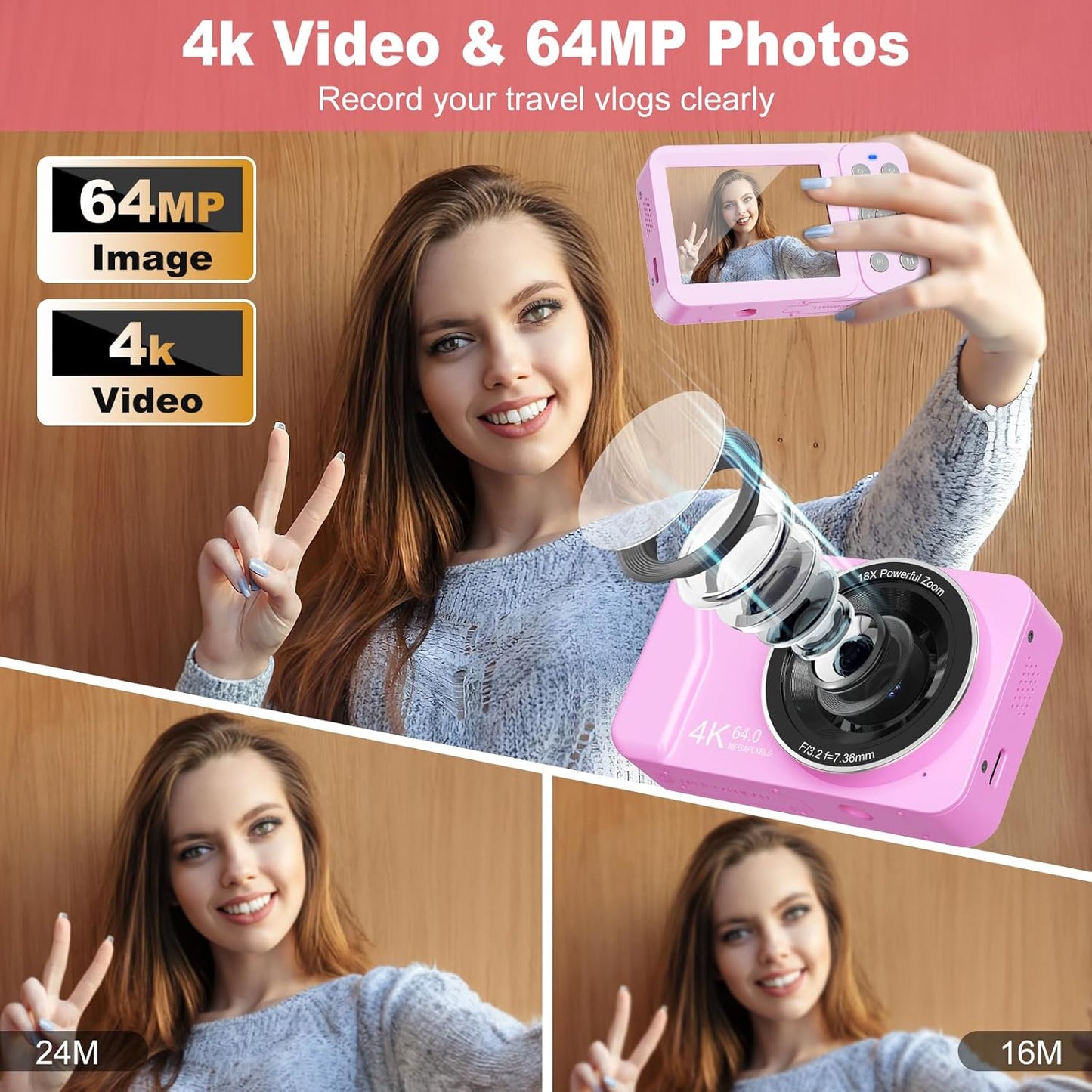 Digital Camera, 4K 64MP, 18X Zoom, Point and Shoot Digital Camera with 64GB TF Card & 2 Batteries, Portable Rechargeable Small Camera for Kids Teens Adult, Purple