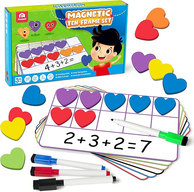 Coogam Magnetic Ten Frame Set, Math Manipulative Games for Kids with 6 Ten Frames 60 Magnetic Math Counters, Montessori Educational Toy Gift for Preschool Kindergarten 3 4 5 Year Old Toddlers