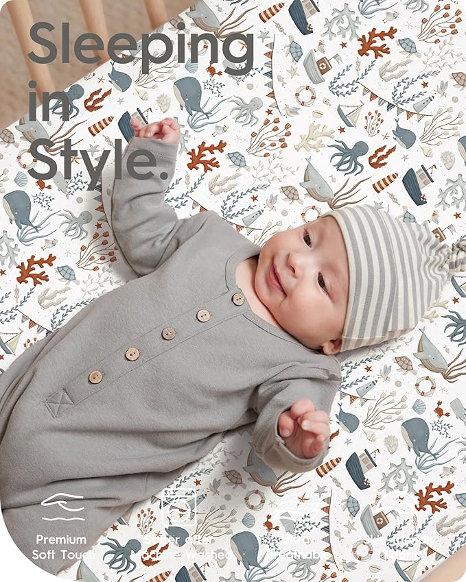 Pack and Play Sheets Fitted, Ultra Soft Mini Crib Sheets Boy, Neutral Pack N Play Mattress Sheets Hypoallergenic and Soothing, Premium Jersey Playrad Sheets, Dino Sea Animals, 2 Pack