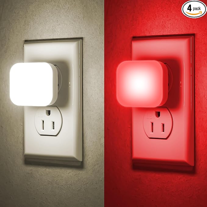myCozyLite Red Night Lights Plug into Wall, Warm White Light, 2 in 1, Plugin Nightlights 4 Pack, Dusk to Dawn Sensor, Dimmable, Automatic Lights, for Bathroom, Bedroom, Kitchen, Hallways, Nursery