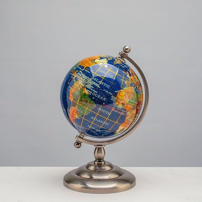KALIFANO 7” Tall Gemstone Globe with Vibrant Polished Lapis Ocean and Mosaic Crystal Continents - World Globe with Metal Stand for Office & Home Décor