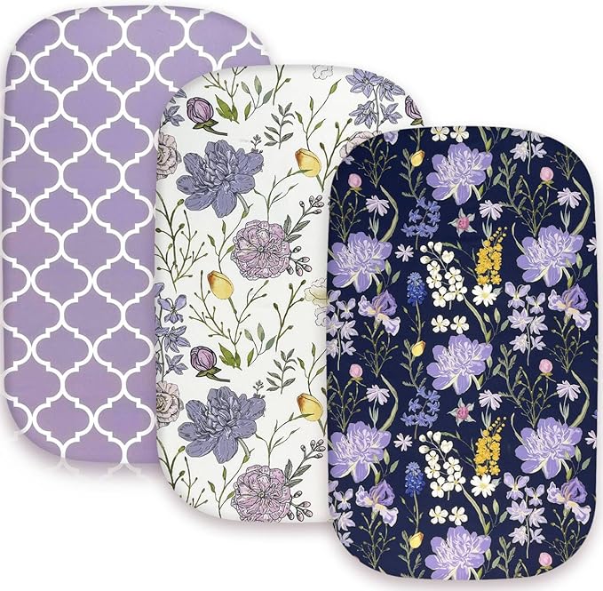 AMROSE 3 Pack Bassinet Sheets 33" x 20" Compatible with Mika Micky, Baby Delight, Dream On Me, AMKE and Other Rectangle Bassinet Mattress, Soft and Skin-Friendly, Violet