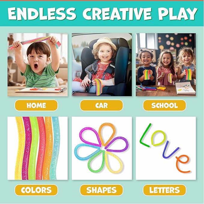 BUNMO Sensory Toys Stretchy Strings for Toddlers 3+ - Stimulating & Addictive Fidget Toys for Kids - Hours of Fun for Kids - Non-Mouthable Toy 3+ - Glitter 6 Pack