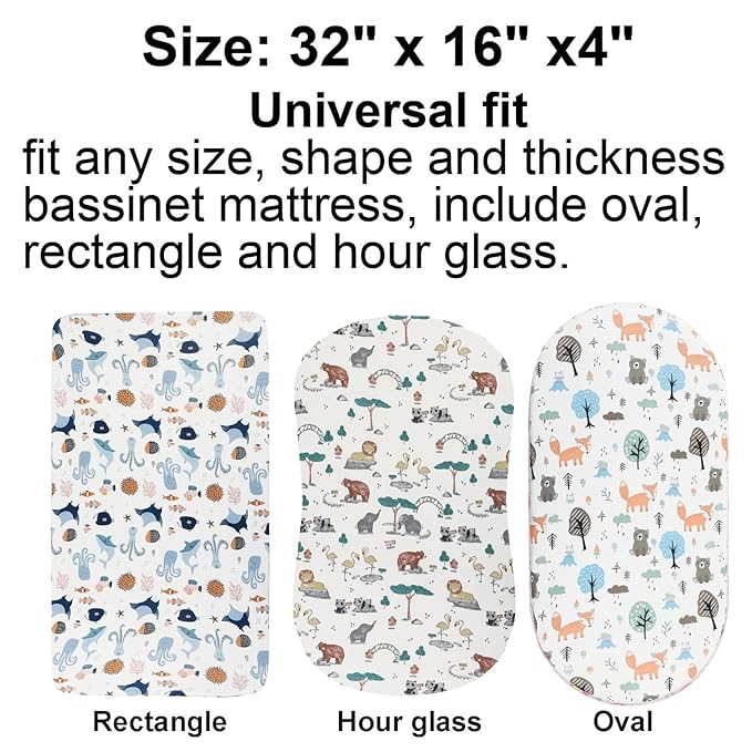 Onacosht Bassinet Sheets for Baby Boy and Girl, Stretchy Fitted Sheet Universal for Bassinet Cradle Hourglass Oval Rectangle Pad/Mattress, 4 Pack Undersea Fish, Animal and Dinosaur Printing