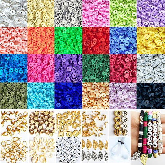 7800 Pcs Clay Beads for Bracelet Making，24 Colors Flat Round Polymer Clay Bead 6mm Spacer Heishi Beads with Pendant and Jump Rings Letter Bead for Bracelets Necklace Earring DIY Craft