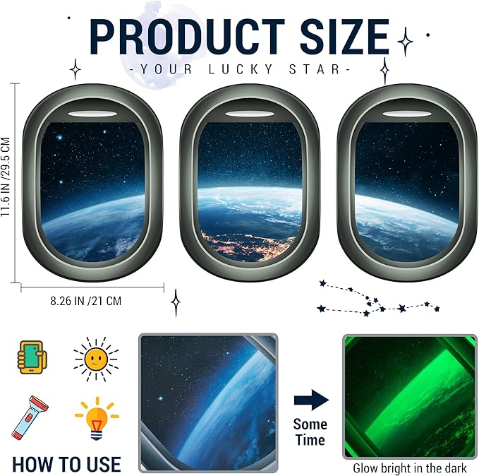 Glow in The Dark 3D Space Wall Decals, Set of 3 Galaxy Window Stickers for Wall, Space Themed Room Decor for Kids Boys (Green)