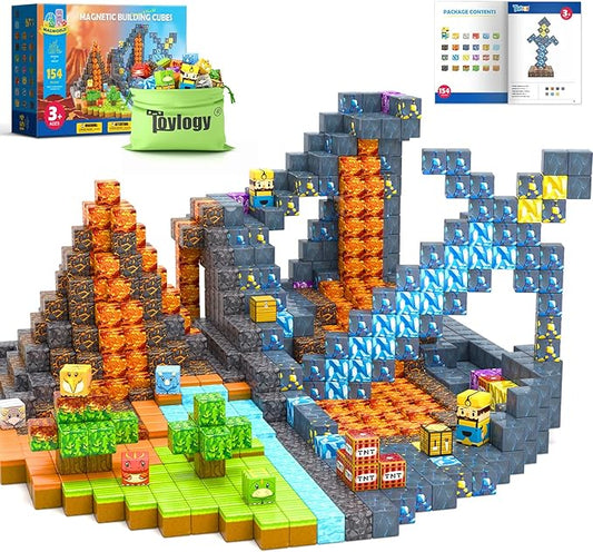 154PCS Large Magnetic Blocks-Build Mine Magnet World Dinosaur & Mine Edition, Building Outdoor Sensory Toys for Kids 3-5, STEM Jurassic Kid Games for Toddler Gifts for Boys and Girls Ages 3 4 5 6 7 8