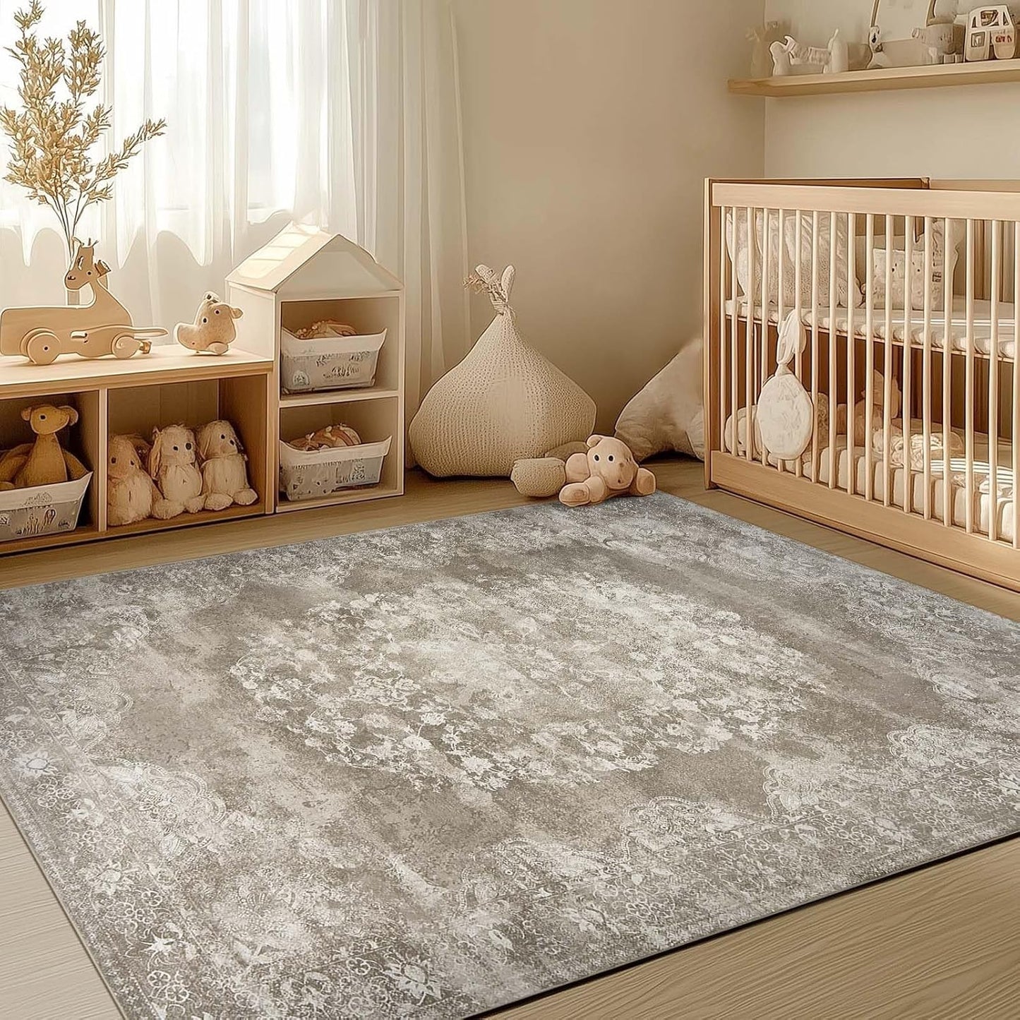 jinchan Vintage Floral 4x6 Area Rugs - Machine Washable Distressed Design Soft Ultra-Thin Low-Pile Non-Slip Carpet for Entryway Kitchen Bedroom Nursery Living Room Dining Room (4x6ft,Brown)