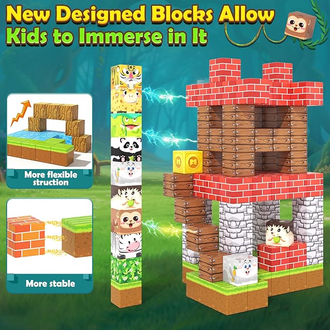 150PCS Magnetic Blocks-Build Mine Magnet World Animals Edition Building Toys for Boys & Girls Age 3-8, Magnetic Sensory Tiles, Ideal Building & Construction STEM Toys Gifts for Toddlers 3+ Years Old