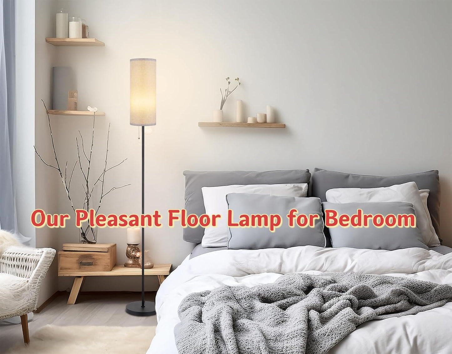 Floor Lamp for Living Room, Modern Standing Lamps with Lampshade, Minimalist Tall Lamp with Chain Switch for Living Room, LED Bulb Included (Gray Shade)