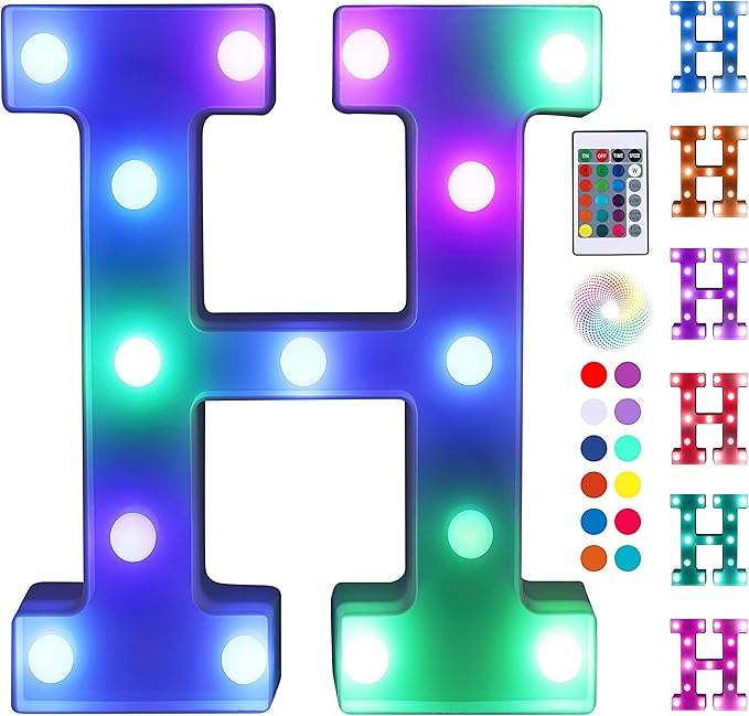 Foaky Colorful LED Letter Lights with Remote,Marquee Light Up Letters Sign for Night Light Wedding/Birthday Party Battery Powered Christmas Lamp Home Bar Decoration(H)