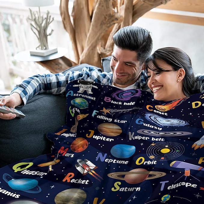 Space Alphabet Blanket, Space Themed Bedroom Decor, 50" X 60" Galaxy Blanket, Gifts for Kids, Planet Astronaut Gift for Boys Kids Birthday Christmas