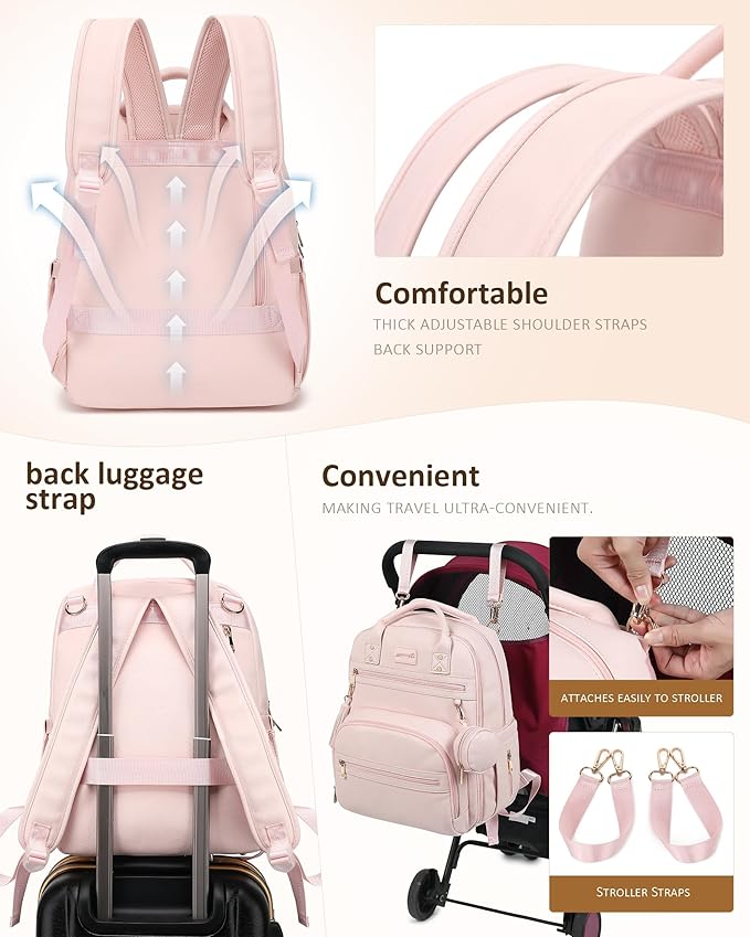 Premium Vegan Leather Diaper Bag Backpack with Waterproof Changing Pad, Reinforced Zippers & Odor-Free, 20 Pockets Pro Organizer, Fits 15.6" Laptop, Stroller Straps, Baby Bag for Mom, Pink