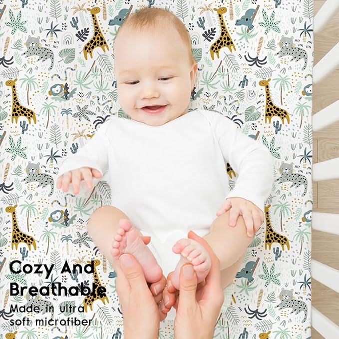 Yoofoss Baby Crib Sheets for Boys Girls, Fitted Crib Sheet 2 Pack for Standard Crib and Toddler Mattress, Super Soft Microfiber Baby Sheet 28x52x8in Green + Giraffe