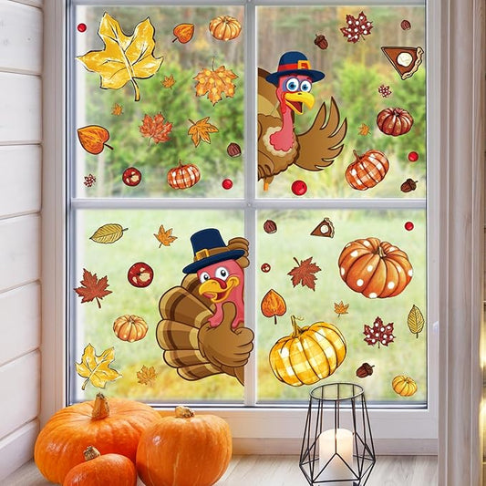 Whaline 9 Sheet Thanksgiving Fall Window Clings Turkey Pumpkin Maple Leaf Reusable Window Decals for for Autumn Harvest Seasonal Holiday School Office Supplies Glass Home Decor