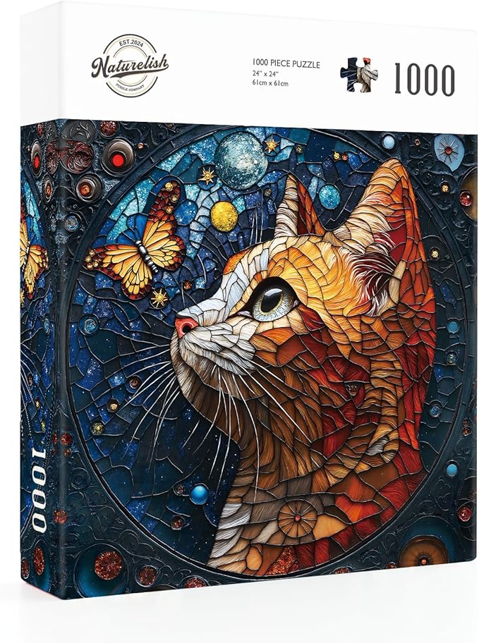 1000 Piece Jigsaw Puzzle for Adults - Stained Glass Style Cat Puzzle with Vibrant Colors and Celestial Design, Perfect for Game Nights and Gift-Giving, Finished Size is 24 x 24 in