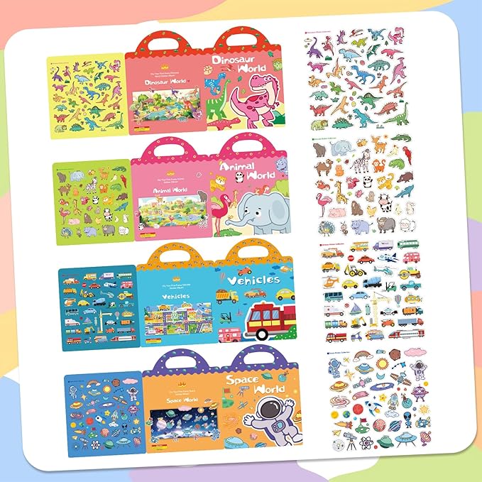 Jelly Sticker Books Reusable 4 Sets Sticker Pack Toddlers Toy 3-12 Years Baby Boy/ Girl Gift Essential, Airplane Baby Toy, Travel Essential Durable Skin-Friendly ( Animals, Dinosaurs, Space, Vehicles)