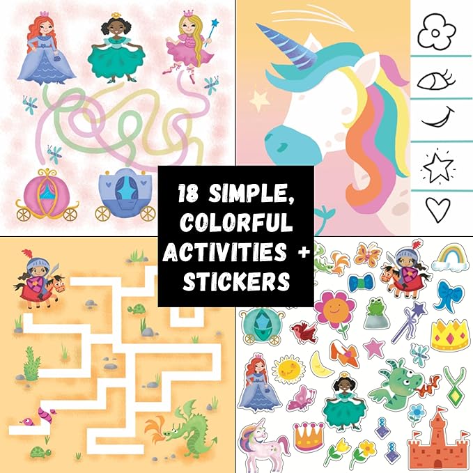 Totebook Kids Travel Educational Activity Book with Washable Markers - Car and Airplane Activities, Learning Toys for Toddlers- Reusable Stickers for Ages 4, 5, 6 (Princess & Extra Ocean Book)