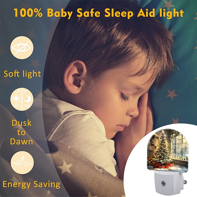 Christma Room Full of Gifts Night Light, Christmas Tree with Red and Gold Ornaments Dusk to Dawn Plug in, 0.5w Energy Saving Sleep Friendly NightLight for Kids Boys Girls Home Decor