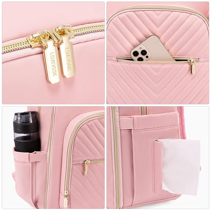 LOVEVOOK Diaper Bag Backpack, Quilted Baby Bag with Changing Pad & Pacifier Holder, Waterproof Travel Diaper Bags for Baby Boys Girls, Stylish and Large Capacity,Pink