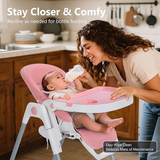 Kinder King Convertible High Chair for Babies & Toddlers, Adjustable Baby Feeding High Chair with Removable Double Tray, Simple Compact Fold for Space-Saving, 2 Built-in Wheels, Easy to Clean, Pink