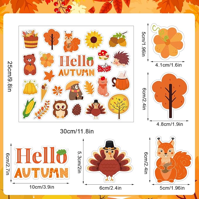 MARFOREVER 50 PCS Fall Gel Window Clings, Autumn Harvest Pumpkins Maple Leaf Pine Cones Thick Window Gel Clings Decals for Kids Fall Thanksgiving Classroom Nursery Home Party Supplies Decorations