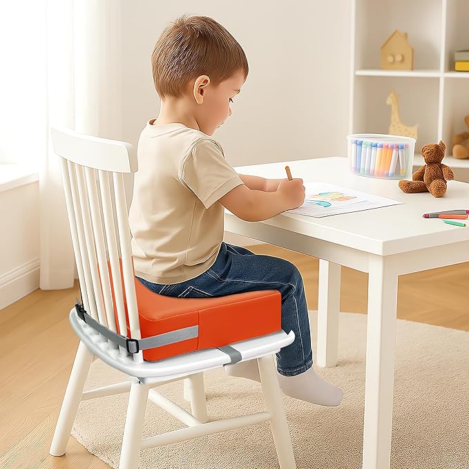 Toddler Booster Seat for Dining Table, 2 Elastic Seat Belts, Anti Scratch PU Skin-Friendly, Waterproof, Anti-Wrinkle, Detachable Non-Slip Bottom - Tangerine