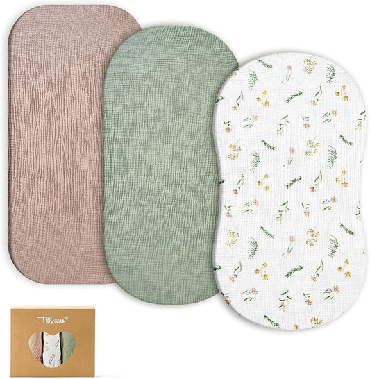 TILLYOU Muslin Bassinet Sheets for Baby Boys Girls 3 Pack, Soft Breathable Elastic Cotton Bassinet Mattress Sheets, Fit Hourglass Oval Rectangle Cradle Mattress, 33"X17",Daisy