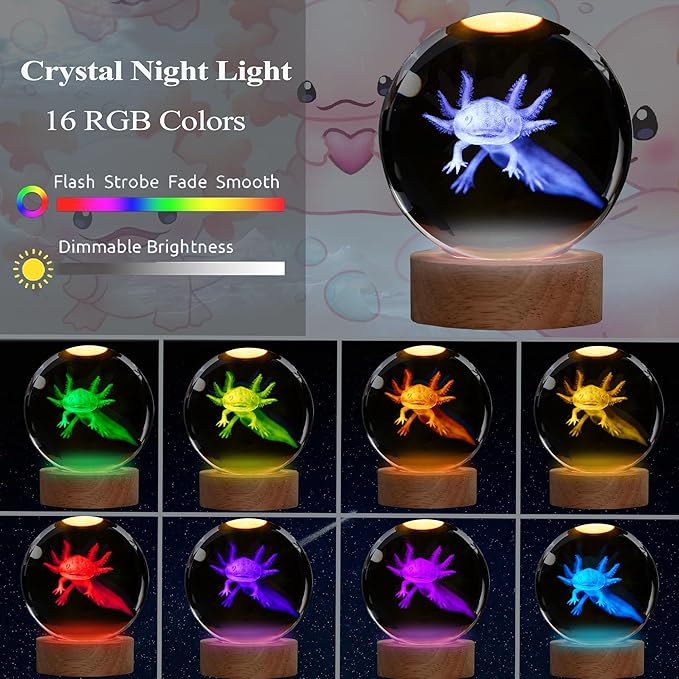 Axolotl Night Light with Upgraded 3.15 Inch 3D K9 Crystal Ball, Axolotl Lamp with Remote 16 Color Gifting Box for Birthday Xmas Cool Axolotl Figurines Gifts for Room Decor Boys Girls