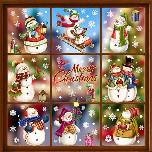 195 Pcs Christmas Window Clings Xmas Snowman Snowflake Window Decoration Large-Size Double-Side | Reusable Snowflake Window Stickers for Xmas Decorations Party Home Decor