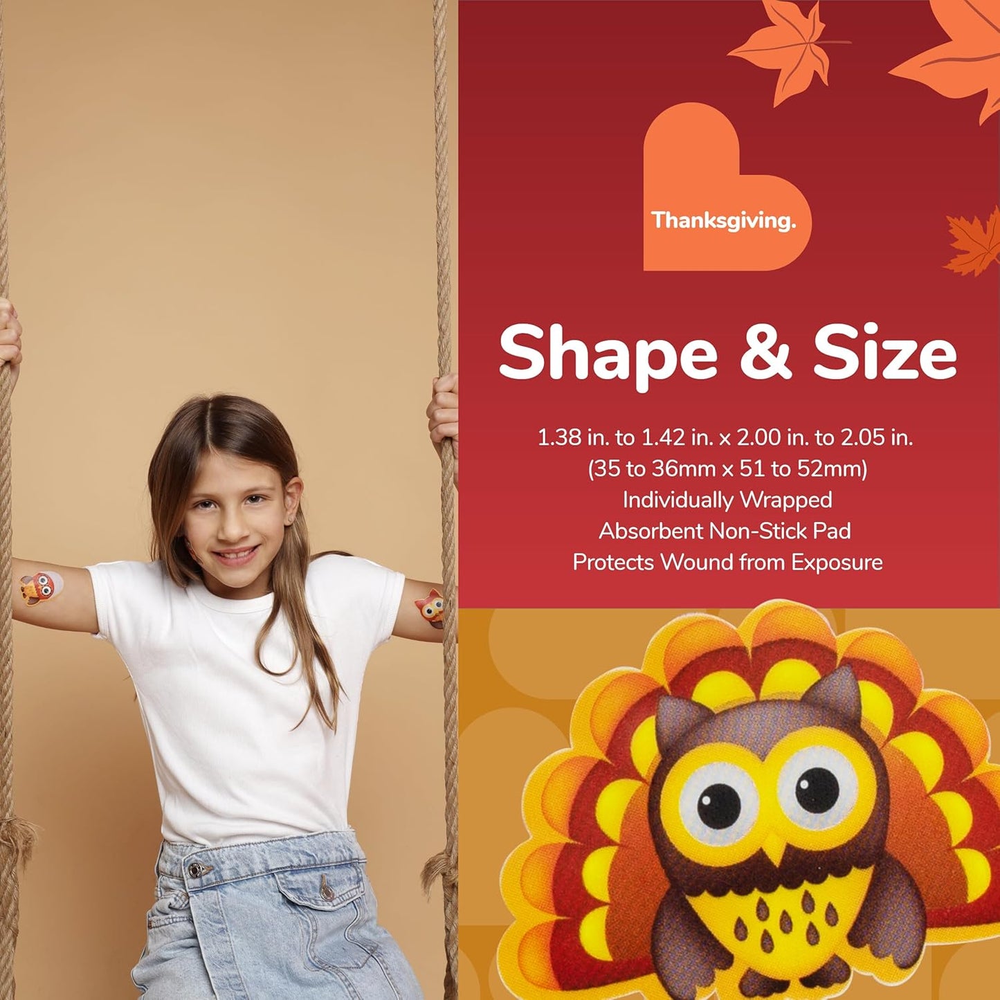 BioSwiss Bandages, Thanksgiving Shaped Self Adhesive Bandage, Latex Free Sterile Wound Care, Fun First Aid Kit Supplies for Kids and Adults, 50 Count