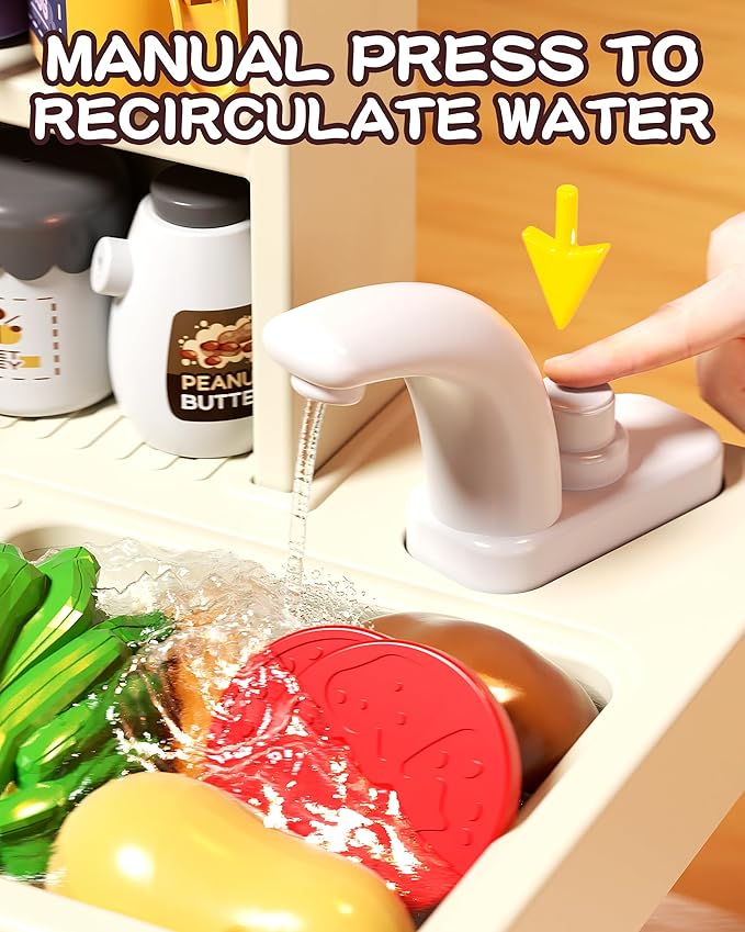 33.8IN Kids Kitchen Playset, 70PCS Kid Play Kitchen with Realistic Lights & Sounds, Spray Sink Toy Kitchen Accessories, Pretend Food Toys Kitchen for Boys Girls Toddlers(Green)