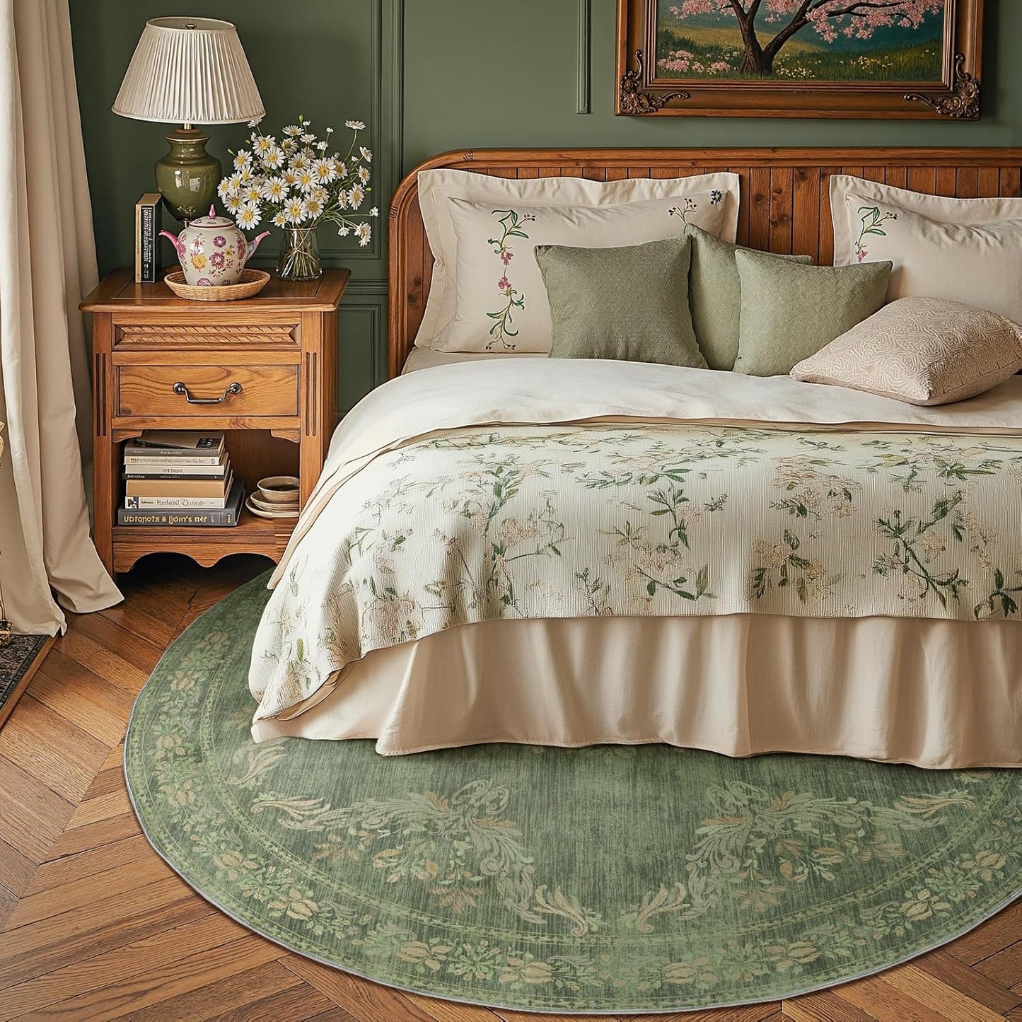 jinchan Round Rug 6ft Area Rugs Vintage Floral Distressed Design,Machine Washable Soft Non-Slip Low-Pile Ultra-Thin Circle Rug for Bedside Living Room Dining Room Bedroom (6' Round, Dark Green)