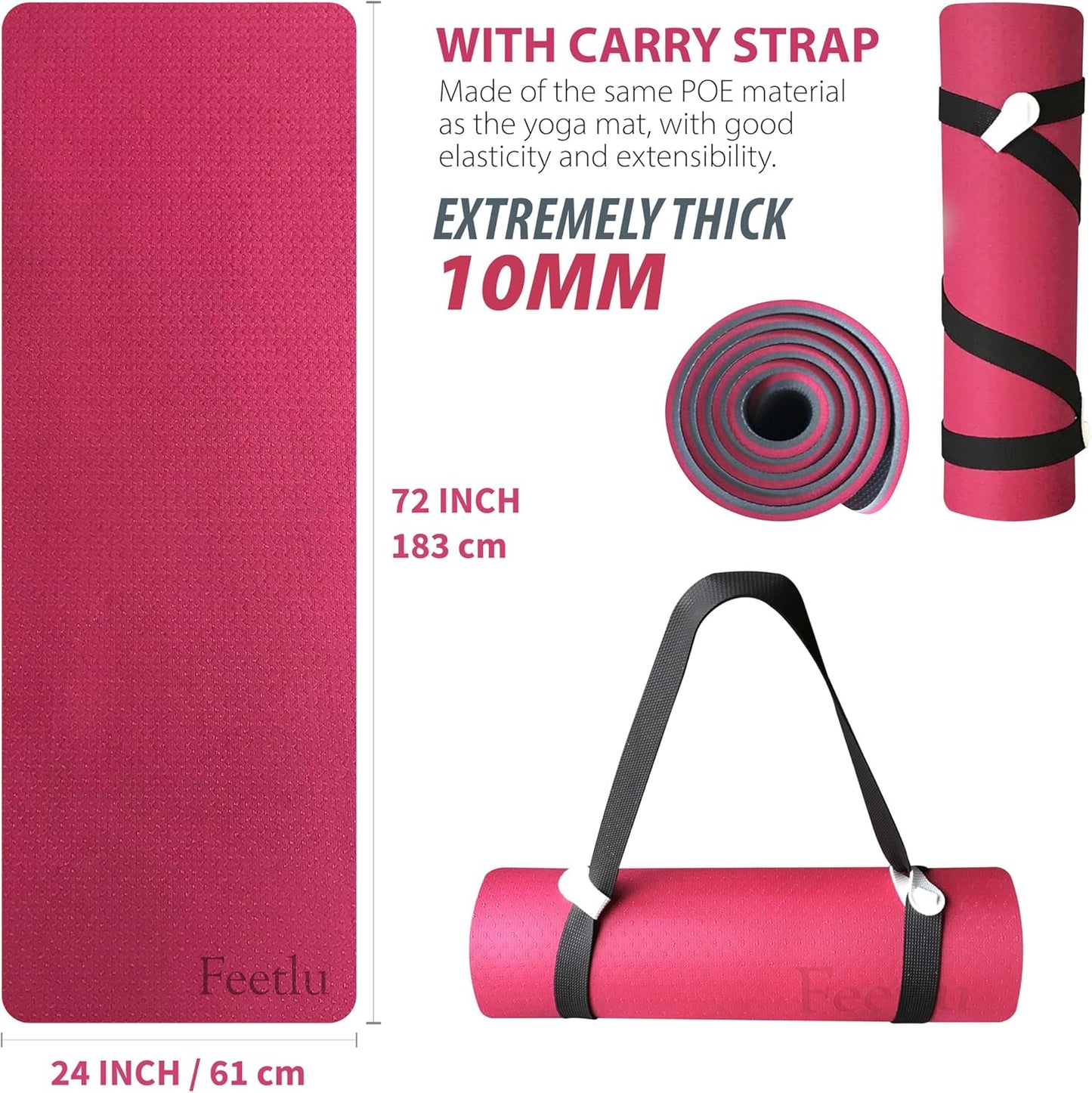 Extra Thick Exercise Yoga Mat with Strap - 2/5 Inch (10MM), Non-Slip Workout Mat for Yoga, Pilates, and Floor Exercises