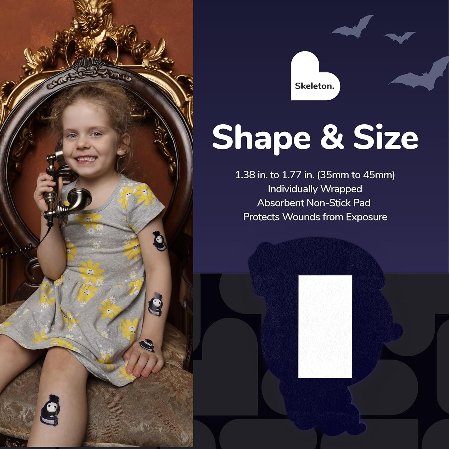 BioSwiss Bandages, Halloween Skeleton Shaped Self Adhesive Bandage, Latex Free Sterile Wound Care, Fun First Aid Kit Supplies for Kids, 24 Count