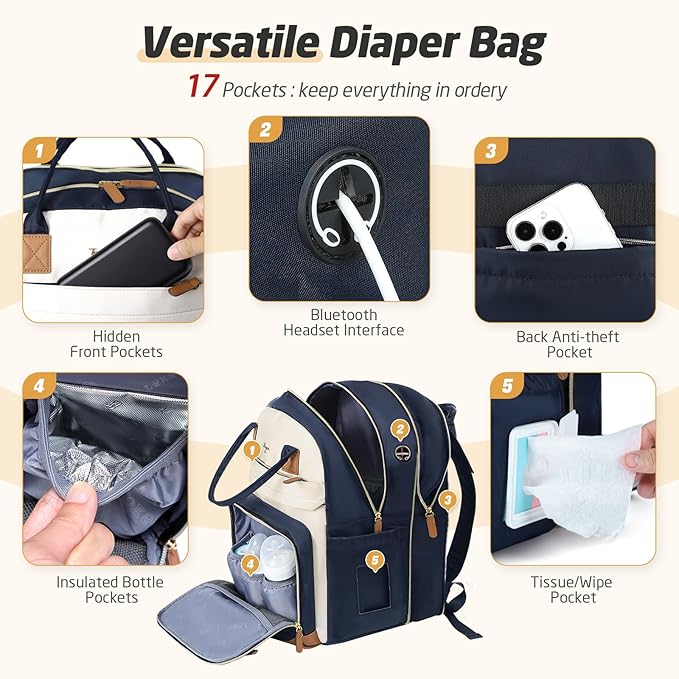 Diaper Bag Backpack - Extra Large Diaper Bag for 2 Kids Twin, Travel Baby Bags for Mom Dad 25-37L Expandable with Changing Pad Earphone Hole, Apricot Blue