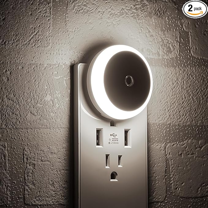 myCozyLite LED Night Light Plug in, Dusk to Dawn Sensor, Auto Dim, Energy Saving, Cool White, Nightlight Plug into Wall for Bathroom, Hallway, Kitchen, Stairway, Round, 2 Pack