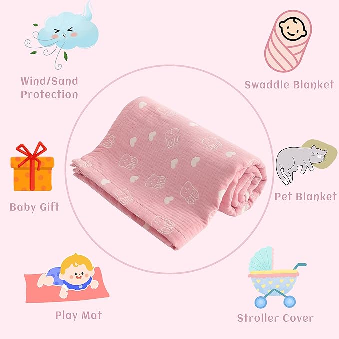 NTBAY 3 Layer Oversized Muslin Cotton Toddler Blanket, Jacquard Reversible Nursery Bed Blanket, Super Soft and Thermal for All Seasons, Baby Gift, 45"x60", Pink Rabbit