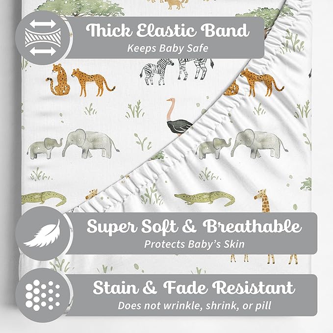 Baby Bassinet Sheets for Boy, Girl (Safari Adventures) 2-Pack - Fitted Bedside Bassinet Sheets - Buttery Soft Cotton Blend for Standard Mattress Pad - Compatible with Halo BassiNest