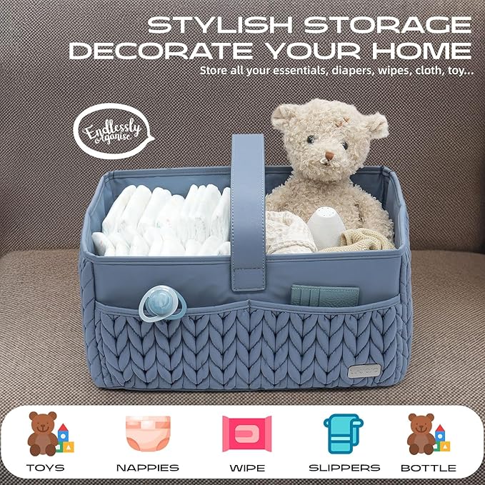 Luxurious Baby Diaper Caddy, Nursery Storage Basket for Newborn Essentials, Travel Baby Basket for Diapers Baby Wipes, Organizer Tote Bag Storage Bin, Baby Shower Gifts(ash blue)
