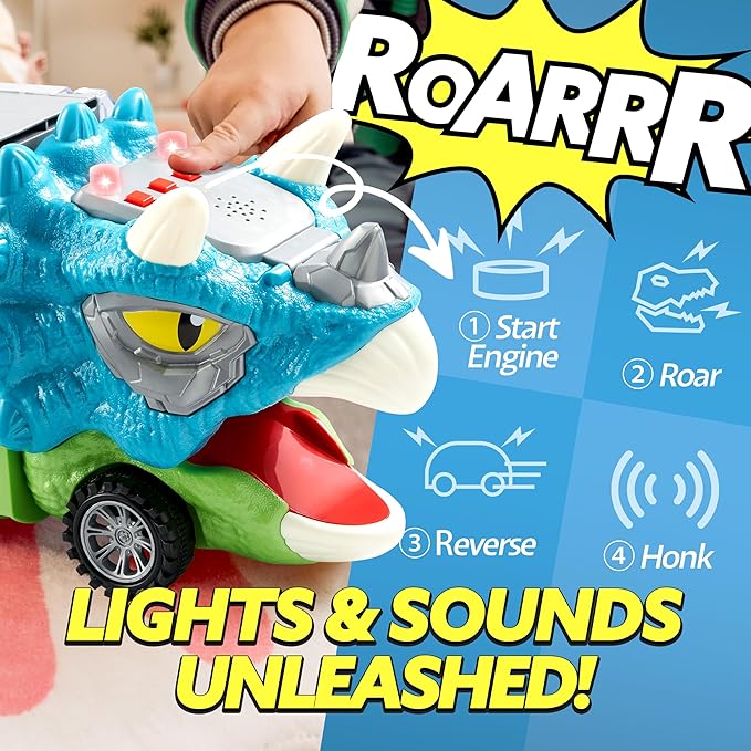 JOYIN 13 in 1 Dinosaur Toys for Kids 3-5, Triceraptor Dinosaur Truck with 12 Pull Back Cars, Birthday Gifts Toys for 3 4 5+ Year Old Boy, Transport Carrier Truck for Toddlers 3-4 Years