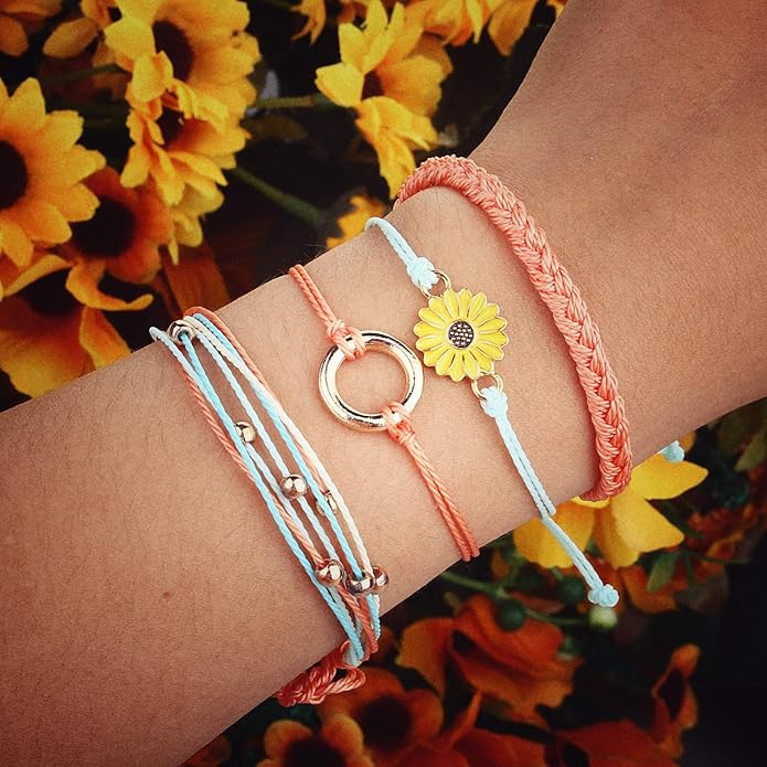 FANCY SHINY Sunflower String Bracelet Boho Braided Rope Wrap Bracelets Cute Summer Beach Surfer Jewelry for Women Christmas Gifts