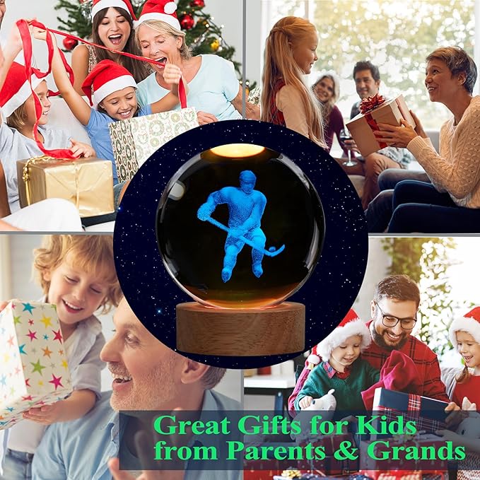 Hockey Night Light, Ice Hockey Gifts, Hockey 3D Crystal Ball Night Light with Remote Upgraded 3.15 Inch Lamps with 16 Color for Birthday Xmas Cool Figurines Gifts for Room Decor Boys Girls